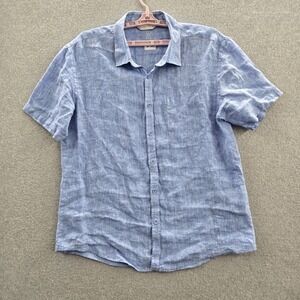 AMIANI Men Button Up Shirt 2XL Blue Linen Logo Embroidery Embroidered